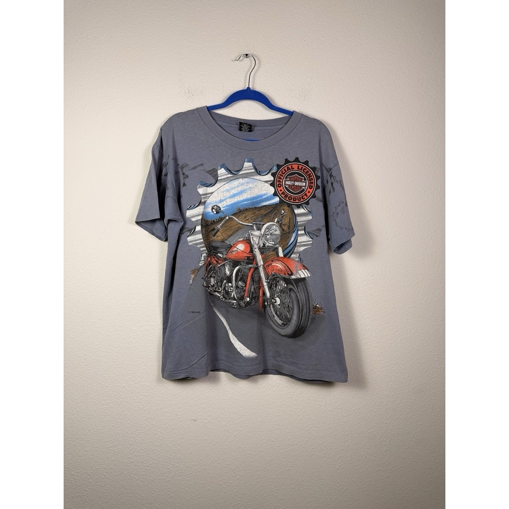 Vintage 1995 Harley Davidson AOP Biker T-Shirt 90s Size Large Gear Cotton